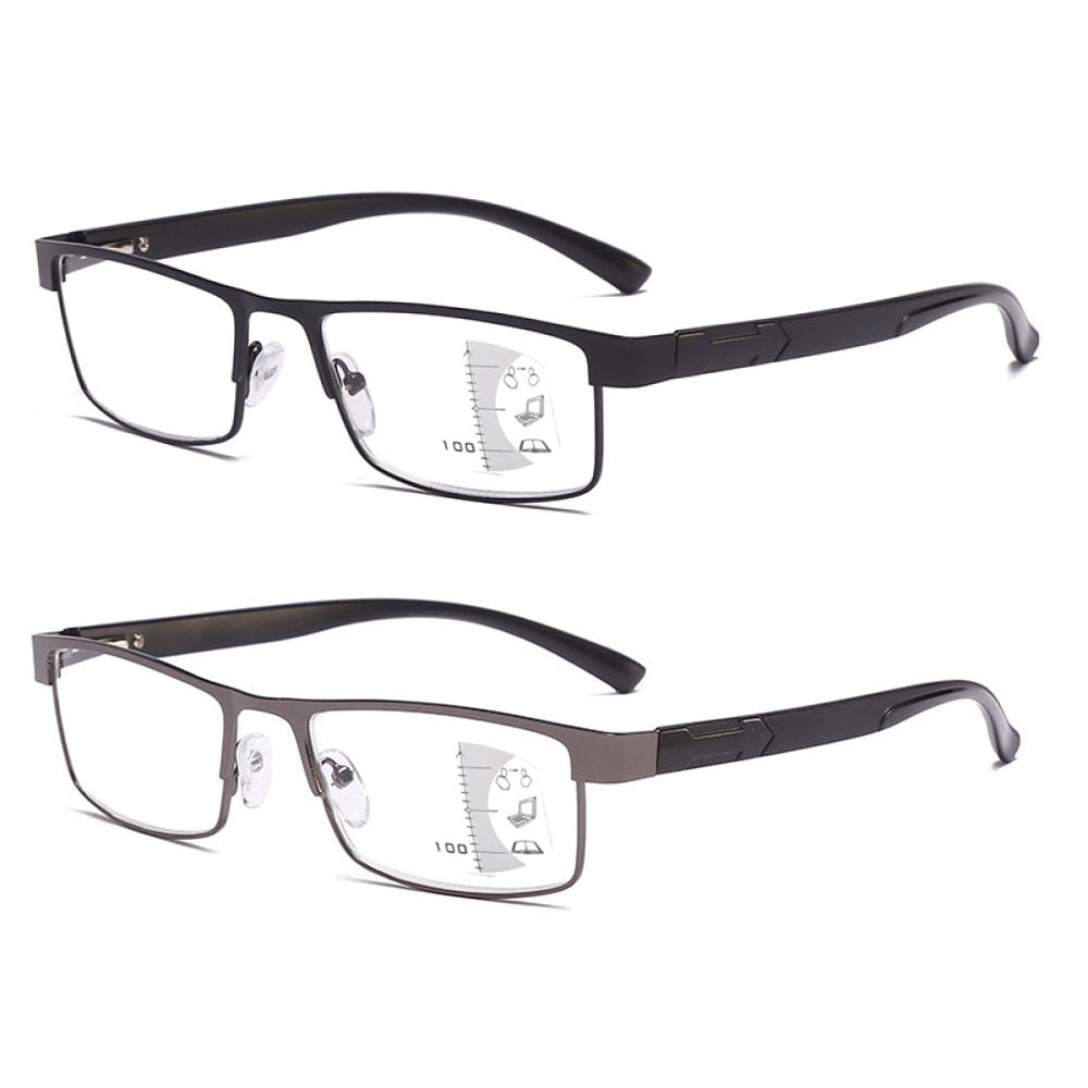 2 Pairs of Rectangular Classic Business Progressive Reading Glasses 1.00 for Men, Metal Spring Hinge Temple Readers, Vintage Presbyopic Glasses +1.00 Strength