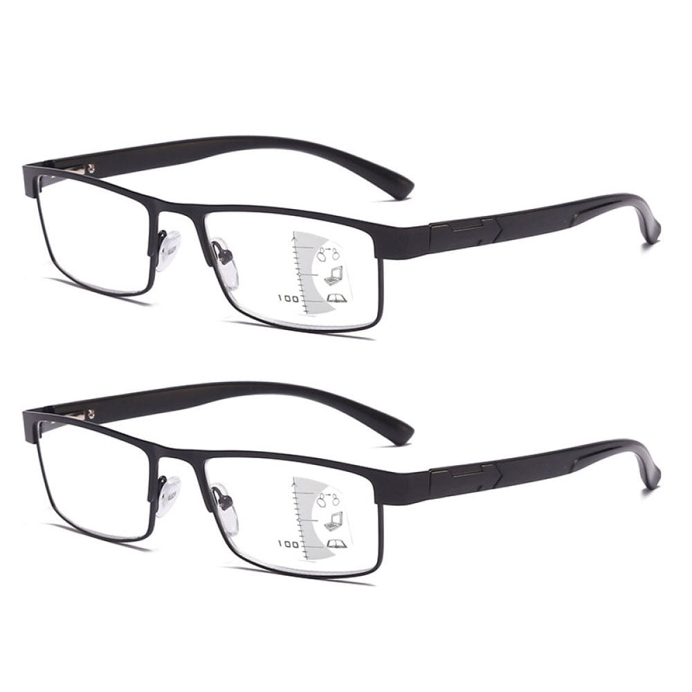 2 Pairs of Rectangular Classic Business Progressive Reading Glasses 2.00 for Men, Metal Spring Hinge Temple Readers, Black Vintage Presbyopic Glasses +2.00 Strength