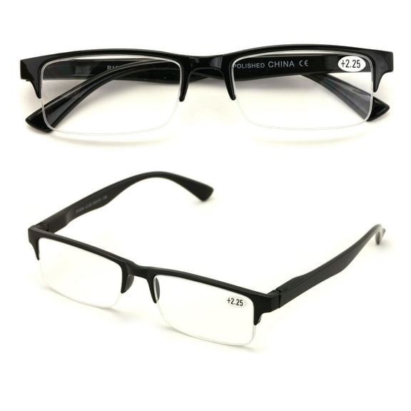 2 Pairs Rectangular Half Rim Reading Glasses - Simple Classic Readers - Spring Hinge +1.00