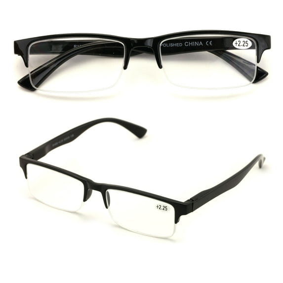2 Pairs Rectangular Half Rim Reading Glasses - Simple Classic Readers - Spring Hinge +1.75