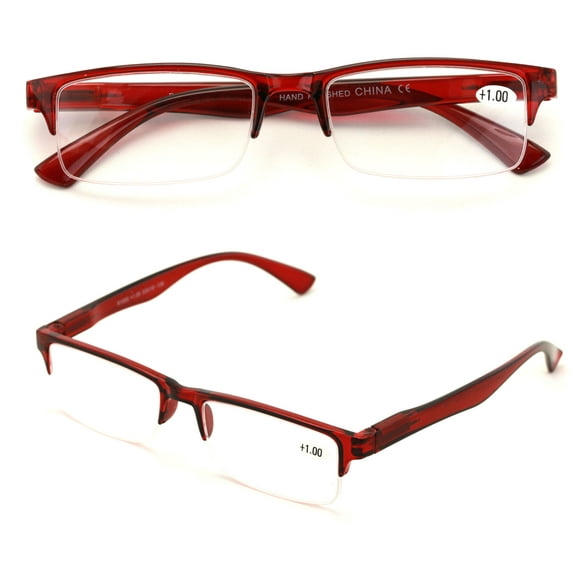 2 Pairs Rectangular Half Rim Reading Glasses - Simple Classic Readers - Spring Hinge +2.00