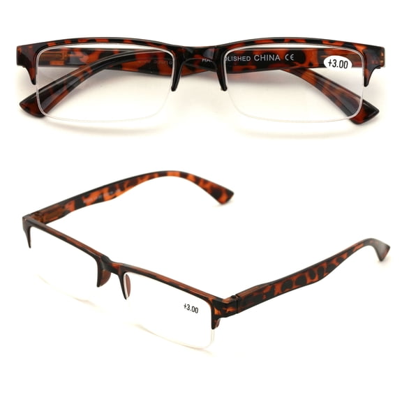 2 Pairs Rectangular Half Rim Reading Glasses - Simple Classic Readers - Spring Hinge +3.00