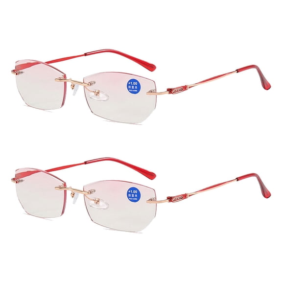2 Pairs of Red Rimless Anti-Blue Light Reading Glasses Sunglasses for Women Fashion Readers Frameless Gradient Pink Lenses Metal Presbyopia Glasses +3.00