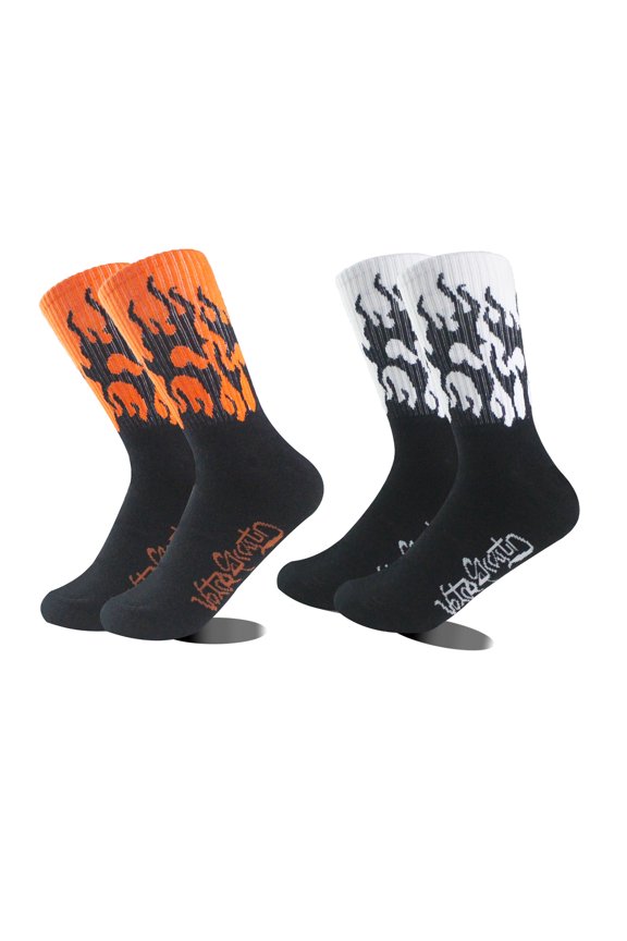 2 Pairs Reinforced Heel Toe Athletic Socks Flame Pattern Middle Length Cotton Blend Calf Socks For Sports Enthusiasts