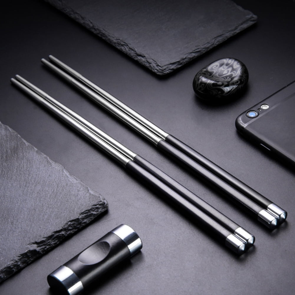 2 Pairs Reusable Chopsticks, Stainless Steel Metal Chop Sticks, Japanese Chinese Korean Chopstick Dishwasher Safe, 9.6 Inch (Silver&Black/Chop sticks)