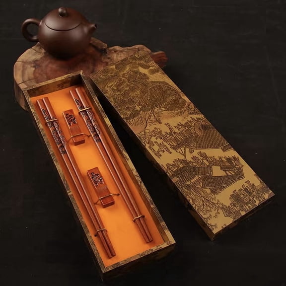 2-Pairs Reusable Dragon Chopsticks Set With Holder And Carrying Bag