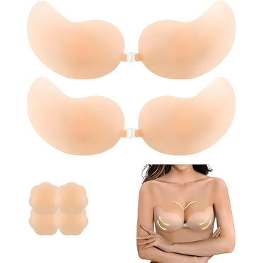 2 Pairs Reusable Sticky Bra Ultra Thin with 2 Pairs Nipple Covers, Adhesive Bra, Strapless Bras for Women, Invisible Push Up Silicone Bra for Backless Dress Top