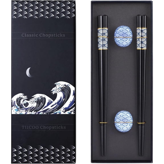 2 Pairs Reusable Wooden Chopsticks with Japanese Wave Design & 2 Ceramic Chopsticks Holders-Lightweight, Dishwasher Safe, 8.85 Inches-Eco-Friendly Gift Set for Sushi, Asian Dining, and Home Use