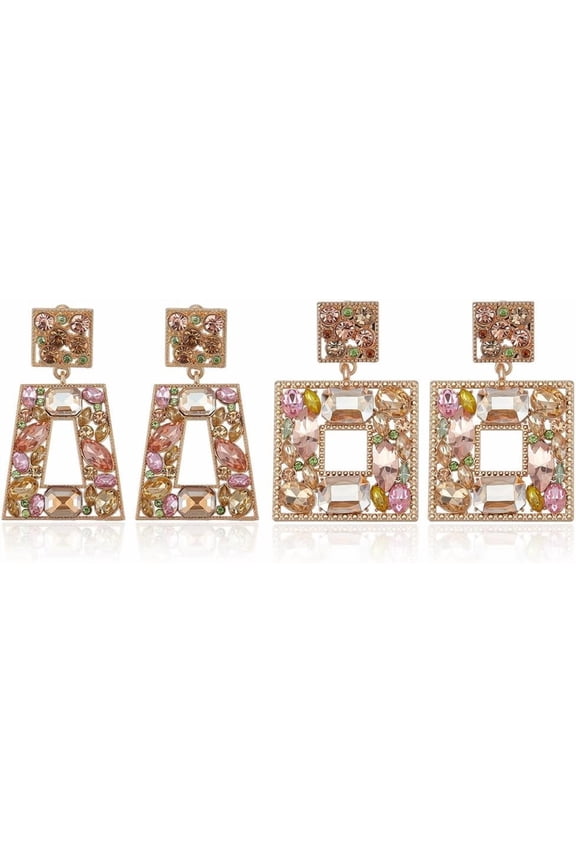 2 Pairs Rhinestone Geometric Drop Dangle Earrings for Women Trendy Sparkly Geometric Drop Statement Earrings Brown Glass Geometric Drop Earrings Formal Prom Party for New Year colorful DIY