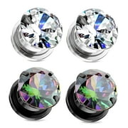 ZAYA BODY 2 Pairs Screw Fit CZ Cubic Zirconia Gem Plugs Black Plated Steel Rainbow gauges - size=1/2" 12mm
