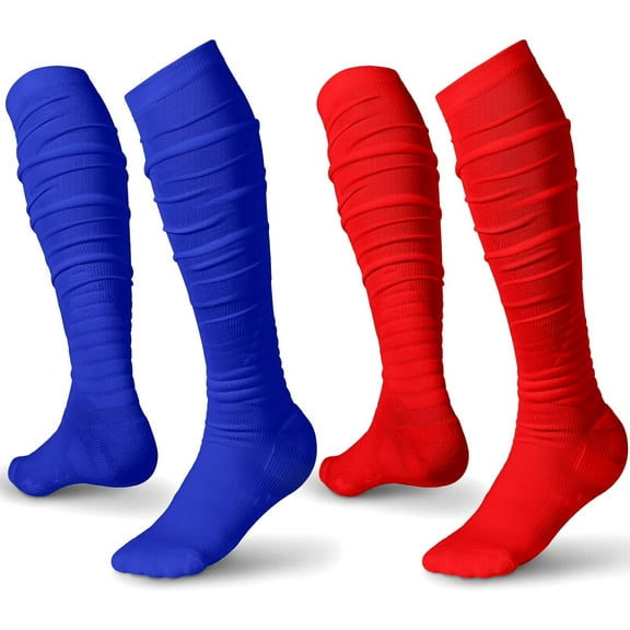 2 Pairs Scrunch Football Socks Compression Sports Socks Long Padded Socks for Men Boys, Non Slip Soccer Socks Men Athletic Socks, Red & Blue