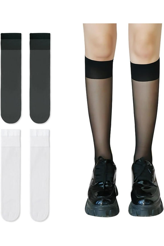 2 Pairs Sheer Knee High Stockings Women's Knee-High Socks Pop Socks Knee High Elastic Soft Nylon For Women Girls (Black, White)