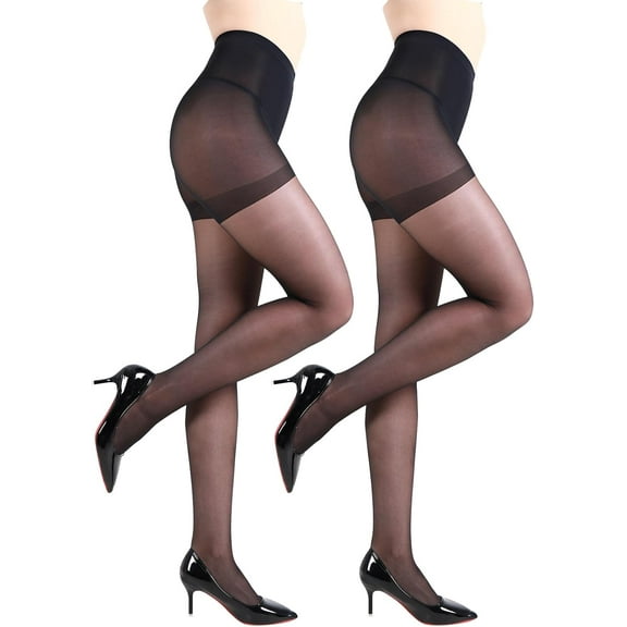 2 Pairs Sheer Tights for Women- 20 Denier Control Top Pantyhose S-XL Black Nude
