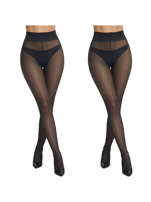 Sheer to Waist Women's 30D Pantyhose, 2 Pairs Black Tights T-Crotch Control Top with Reinforced Toes, Nylon Stockings