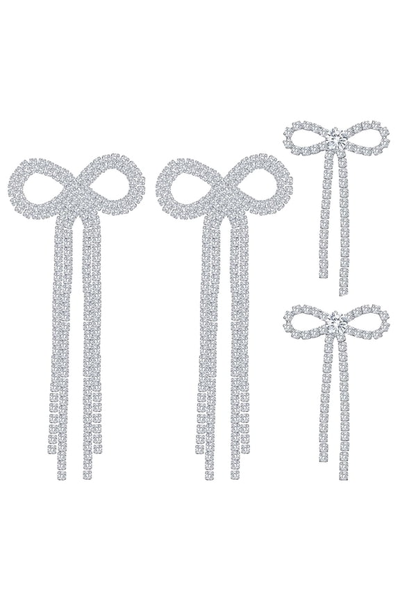2 Pairs Silver Rhinestone Bow Earring Studs Women Sparkly Bowknot Dangling Drop Earrings with Tassel Chains for DIY Earrings Jewelry Findings Bridal Wedding Party Gifts