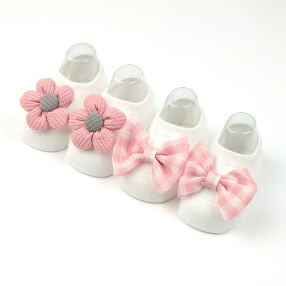 2 Pairs Socks for Baby Girls, Spring Summer Soft Cotton Solid Infant Baby Floor Anti-slip Socks (Pink S)