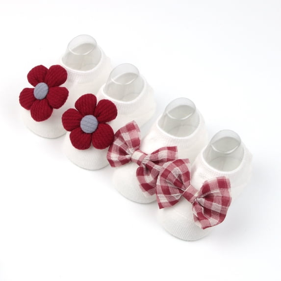 2 Pairs Socks for Baby Girls, Spring Summer Soft Cotton Solid Infant Baby Floor Anti-slip Socks (Red M)