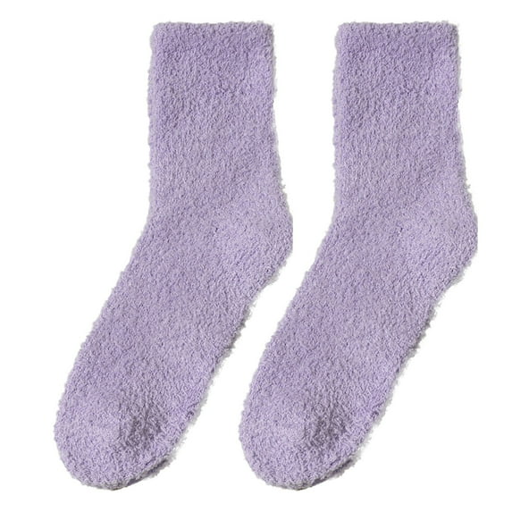 2 Pairs Solid Color Fuzzy Socks for Women, Soft Coral Fleece Plush Sleep Socks with Half-Pile Design, Warm Winter Slipper Socks for Home Use, Cozy Non-Slip House Socks for Indoor Comfort - Purple