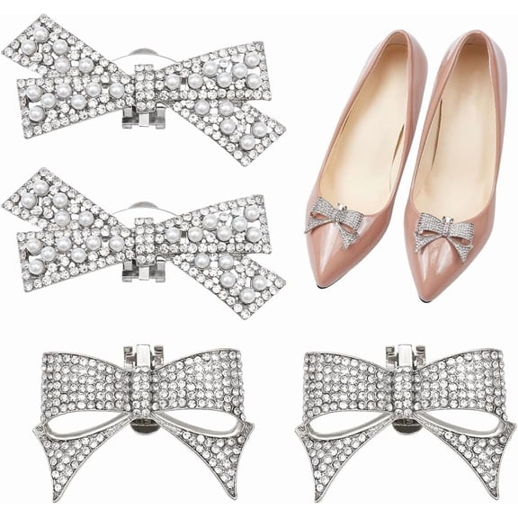 2 Pairs Sparkly Rhinestone Floral Shoe Clips 2 Colors Imitation Pearl Wedding Shoe Buckle Platinum