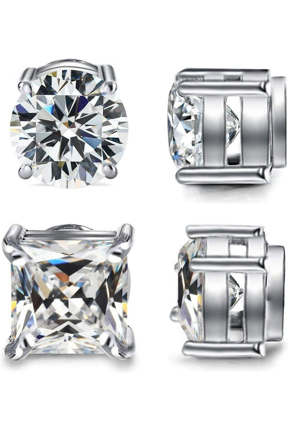 2 Pairs Stainless Steel Magnetic Stud Earrings for Men Women Non-piercing CZ Hypoallergenic 8MM (SE-21)
