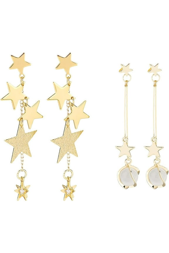 2 Pairs Star Dangle Earrings Symmetrical Star Long Earrings Lucky Moon Drop Earring Crescent Planet Chain Earrings Eight-pointed Star Meteor Earrings For Women DIY