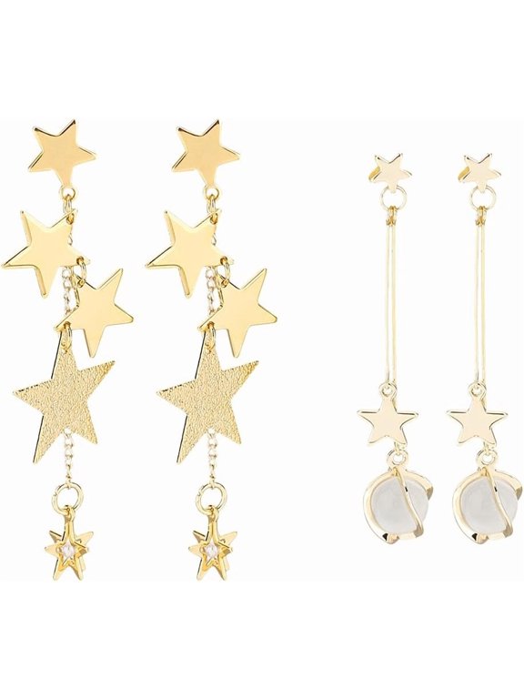 2 Pairs Star Dangle Earrings Symmetrical Star Long Earrings Lucky Moon Drop Earring Crescent Planet Chain Earrings Eight-pointed Star Meteor Earrings For Women DIY