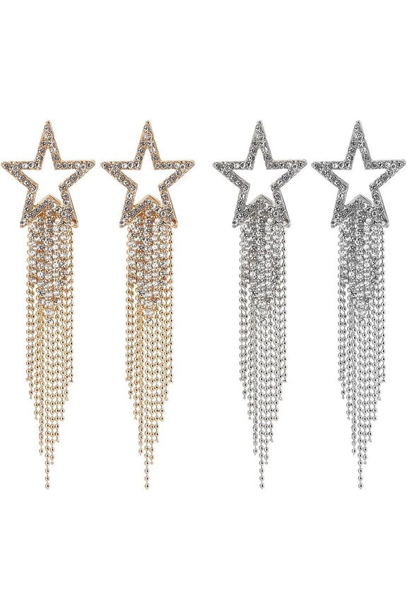 2 Pairs Star Tassel Earrings for DIY Women Gold Sliver Beaded Star Statement Waterfall Stud Earrings Big Sparkle Earrings Gold Star Earrings Dangling Star Jewelry for DIY Party Prom