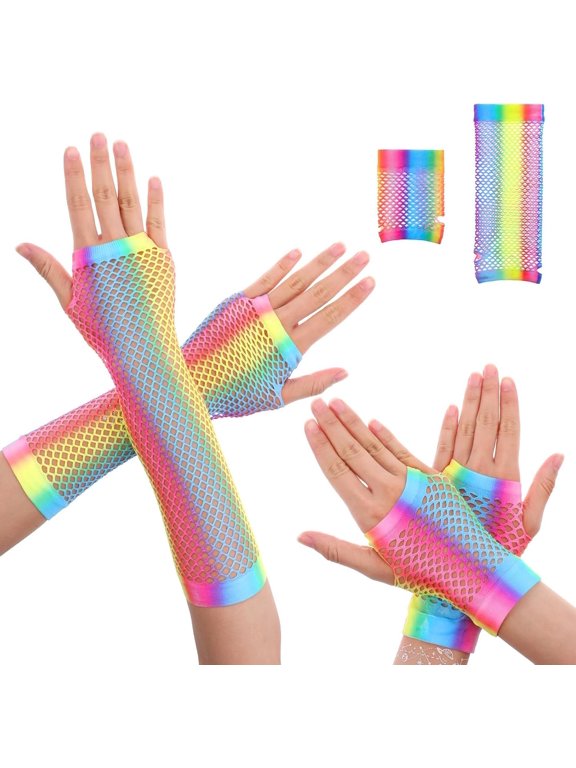 2 Pairs Stretchy Mesh Fishnet Fingerless Gloves Rainbow Fishnets for Women Girls Theme Party Costume Accessory Halloween