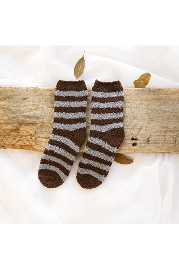 2 Pairs Stripe Pattern Polyester Faux Fur Knitting Socks Winter Warm Thermal Socks Camel 250x70mm