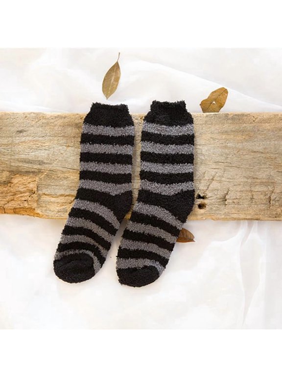 2 Pairs Stripe Pattern Polyester Fur Knitting Socks Winter Warm Thermal Socks Black 250x70mm for Craft Accessories