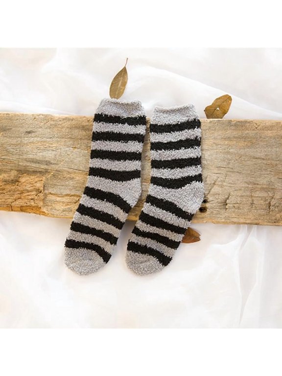 2 Pairs Stripe Pattern Polyester Fur Knitting Socks Winter Warm Thermal Socks Silver 250x70mm for Handmade