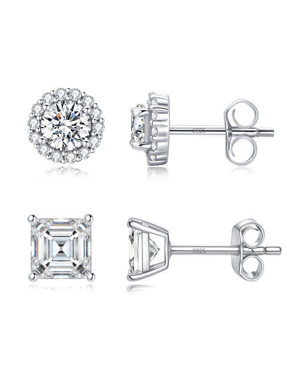 2 Pairs Stud Earrings Set for Women, Piercing Earrings Stack , Cubic Zirconia Halo Stud Earrings , CZ Cut Stone, Push Back Closure, Small Stack Jewelry
