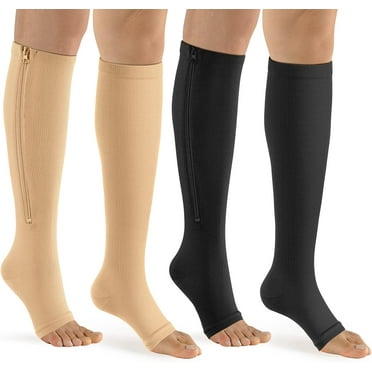 2 Pairs Sunm Boutique Zipper Compression Socks for Women & Men, 15-20 mmHg Open Toe Compression Stocking with Zipper (Black+Beige)