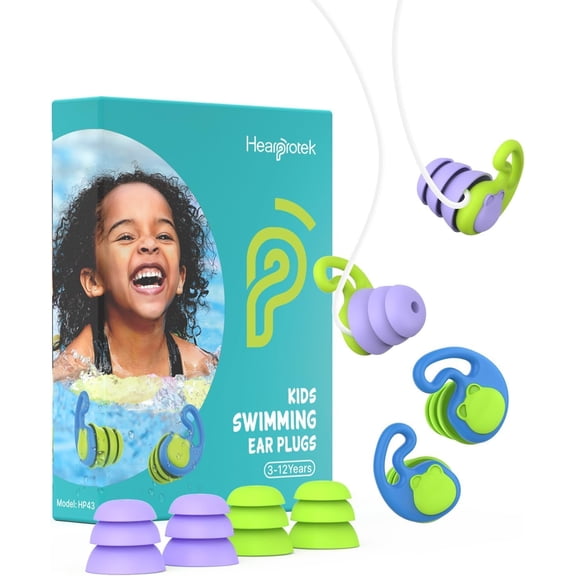 2 Pairs Swimming Ear Plugs for 3-12yrs Kids, Reusable Silicone Waterproof Earplugs Small canals Toddlers Child Protection Swim Ear,Bath,Pool,Water Sports and Shower (Purple)