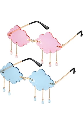 2 Pairs Tassel Clouds Shaped, Rimless Men Women 90s Disco Sunglasses (Light Blue, )