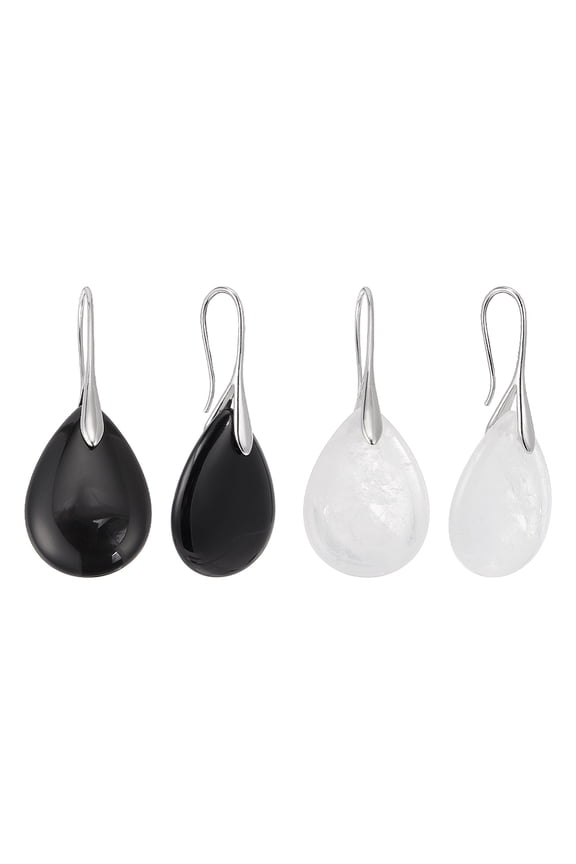 2 Pairs Teardrop Stone Black Drop Earrings Women Natural Quartz Black Agate Fishhook Drop Dangle Earrings Black Sliver Birthstone Earrings