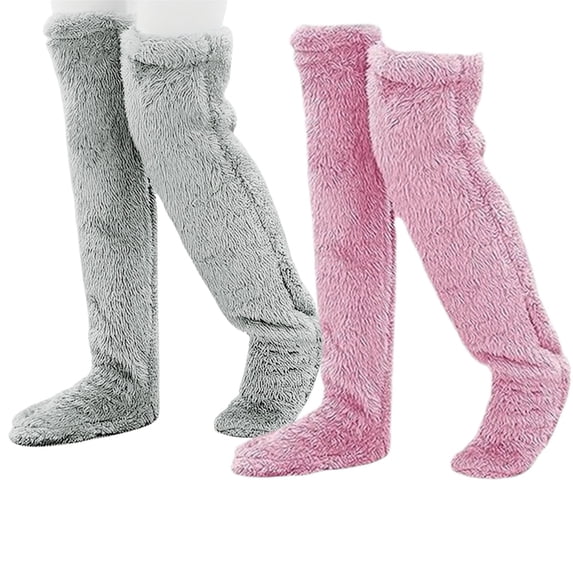 2 Pairs Thick Fuzzy Plush Warm Thigh High Slipper Socks for Women Winter Over Knee Leg Warmers Long Sleeping Stockings