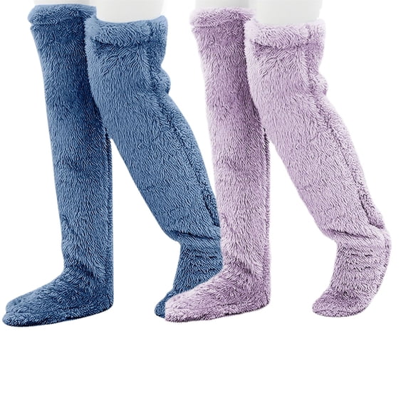 2 Pairs Thick Fuzzy Plush Warm Thigh High Slipper Socks for Women Winter Over Knee Leg Warmers Long Sleeping Stockings