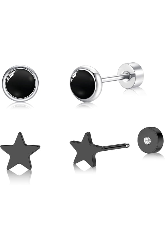 2 Pairs Titanium Black Onyx & Star Earrings - Flat Back Earring Black Stud Earrings for Men & Women -Hypoallergenic, Trendy Earring Ideal for Daily Wear, Parties & Gifting