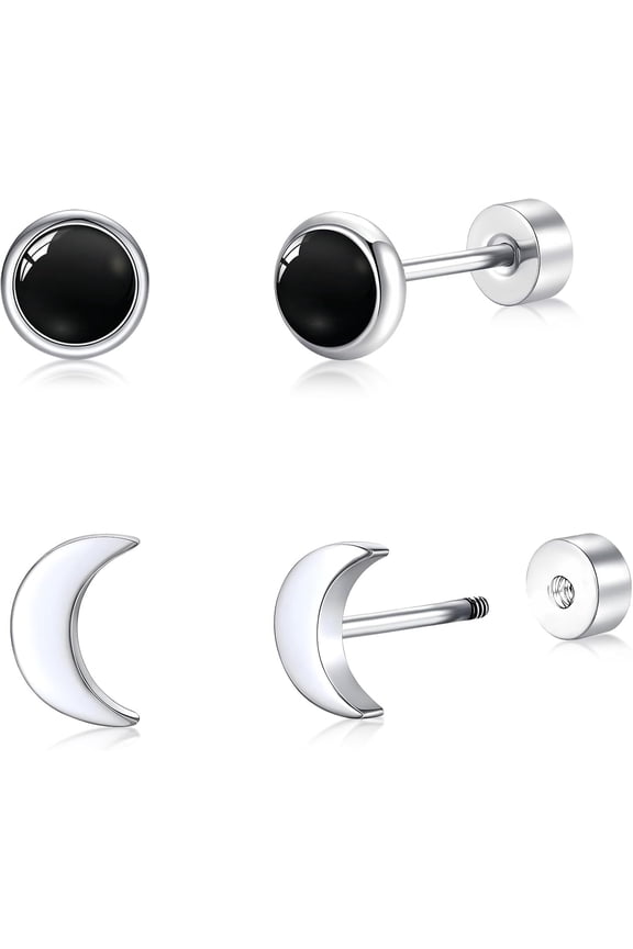2 Pairs Titanium Flat Back Earring - Black Onyx & Moon Earrings, Black Stud Earrings for Men & Women -Hypoallergenic, Trendy Earring Ideal for Daily Wear, Parties & Gifting