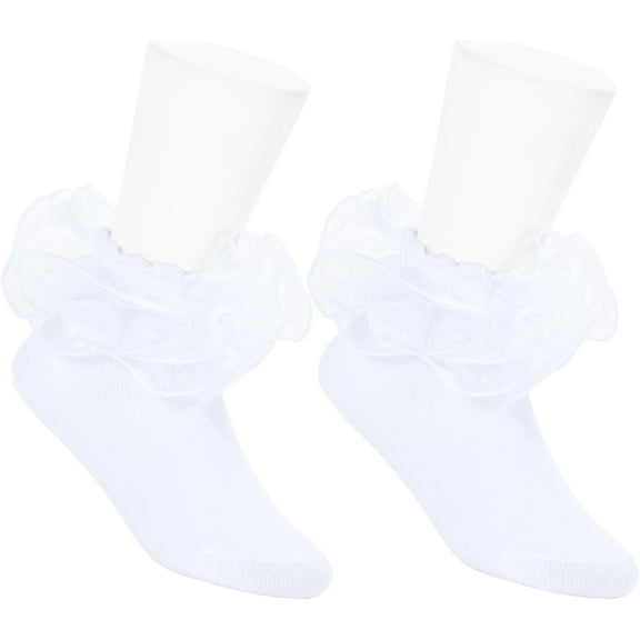 2 Pairs Toddler Socks Girls Kids Cute Big Double-Layer Lace Frilly Dress Ruffle Socks for Little Girls