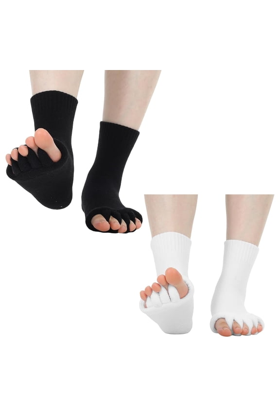 2 Pairs Toe Separator Socks, Foot Alignment Socks for Women Men, Yoga Toe Sock for Barre Pilates Yoga Dance, Compression Toes Sock for Relax and Relief Pain (White/Black)