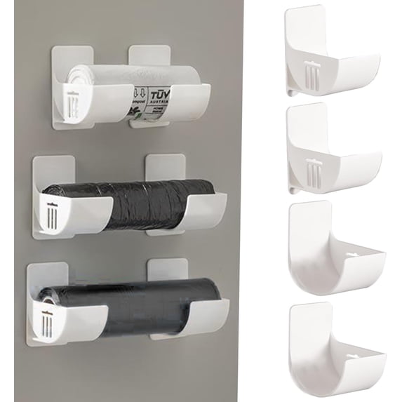 2 Pairs Trash Bag Holder, Wall Mounted Trash Bag Dispenser, Waterproof Self-Adhesive Garbage Dispenser, Adjustable Length for Kitchen Bathroom, White