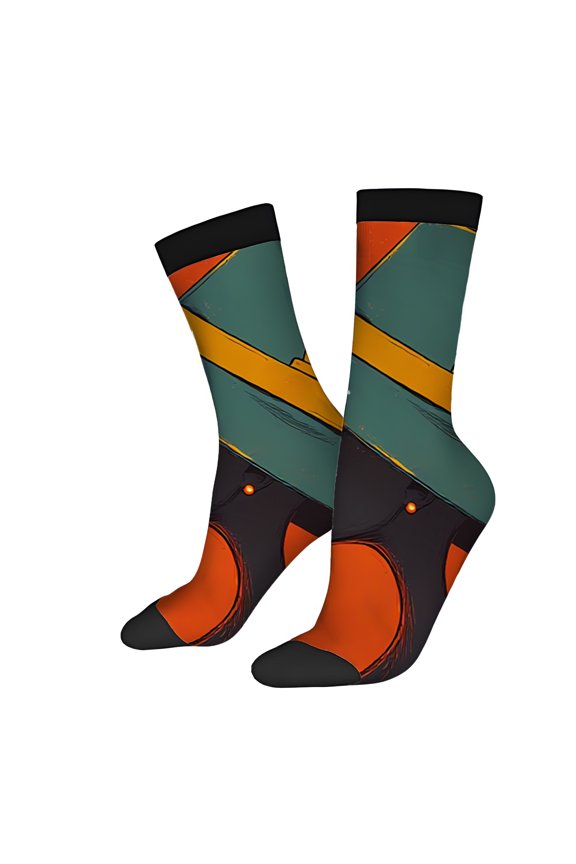 2 Pairs Vibrant Abstract Face Socks with Sunglasses - Unisex Trendy Mixed Color Design Geometric Shapes on Orange Background Perfect for All Seasons