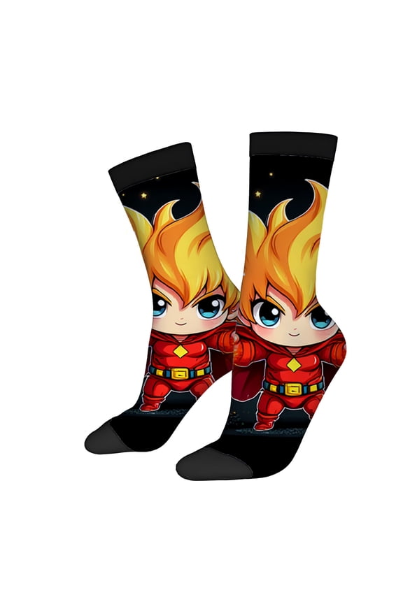 2 Pairs Vibrant Character Design Socks with Orange Hair & Red Cape Unisex Trendy Mixed Color Socks for All Seasons Magical Starry Background