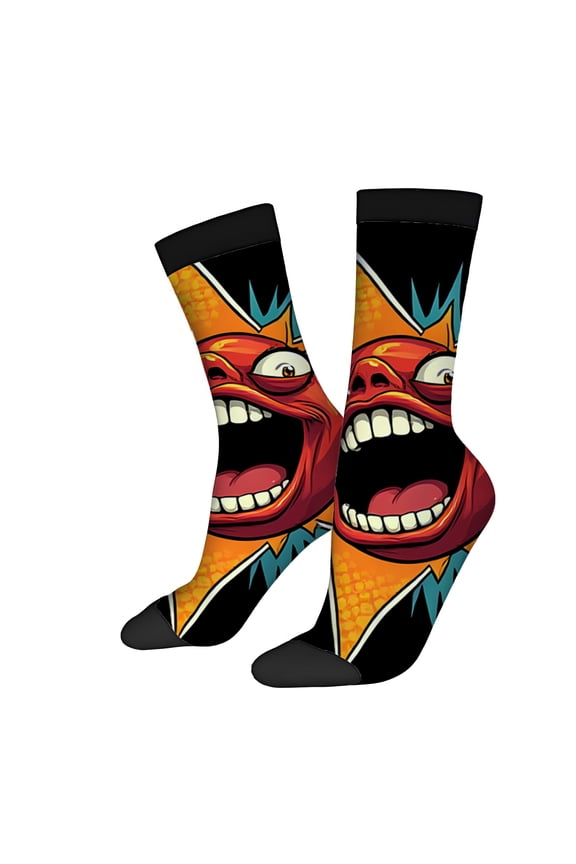 2 Pairs Vibrant Comic - Style Socks with Screaming Face Pattern - Unisex Trendy Mixed Color Socks for All Seasons