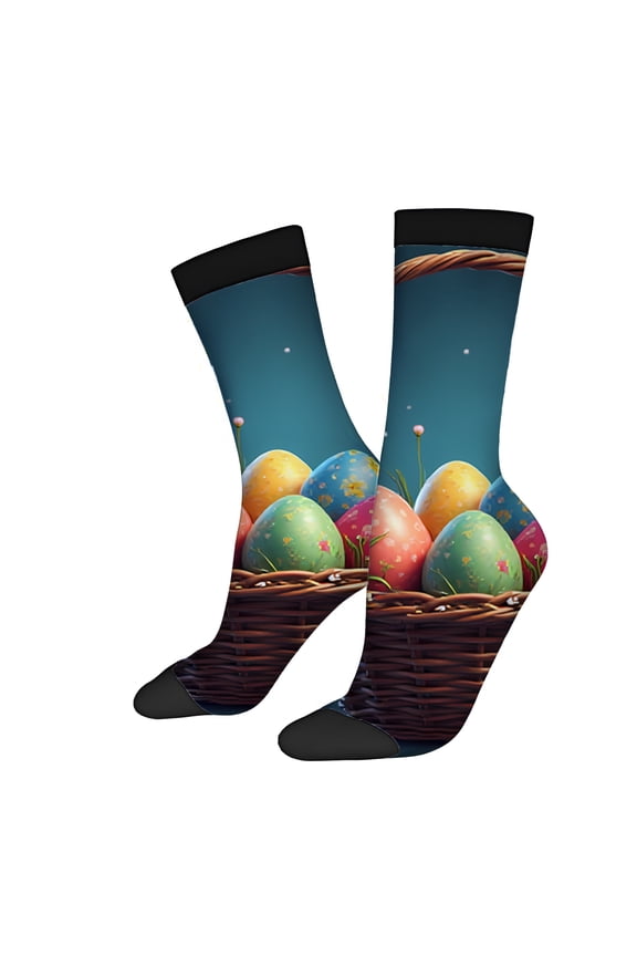 2 Pairs Vibrant Easter-Themed Socks with Colorful Basket Flowers & Decorated Eggs - Unisex Trendy Mixed Color Design for All Seasons