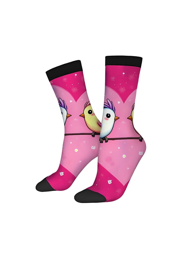 2 Pairs Vibrant Pink Cartoon Bird Socks with Colorful Wings - Unisex Trendy Mixed Color Design for All Seasons - Fun and Stylish with Black Trim