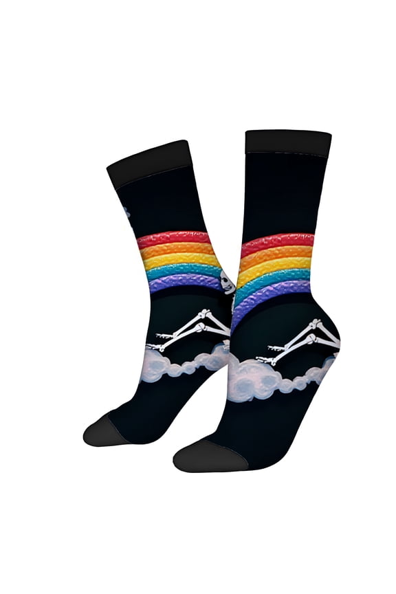 2 Pairs Vibrant Rainbow Arch Socks with Fluffy Clouds - Unisex Trendy Mixed Color Design for All Seasons