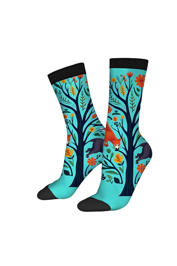 2 Pairs Vibrant Socks with Orange Bison & Antelope Design Colorful Floral & Leaf Pattern Unisex Trendy Mixed Color Socks for All Seasons